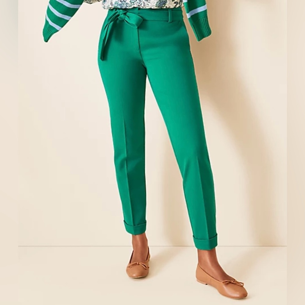 Loft Tie Waist Slim Pants in Emerald Green.